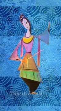 Toperfect オリジナルアート Painting - 剣を持つ中国の女の子の壁の装飾オリジナル